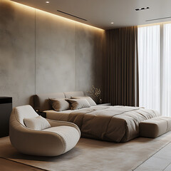 Balanced minimalist interior bedroom with tonal harmony, orderly furnishings, and a soothing atmosphere 