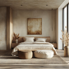 Artistic interior shot of modern bedroom with clean architectural lines, eco-friendly materials, and soft natural textures 