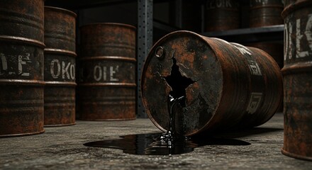 Close-up of leaking oil barrel in storage area, industrial accident or contamination risk