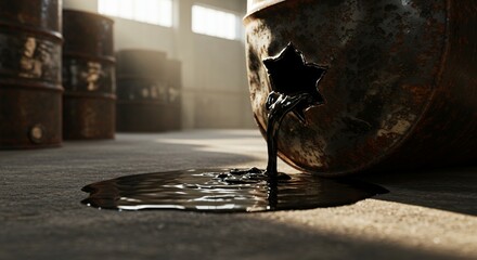 Close-up of leaking oil barrel in storage area, industrial accident or contamination risk
