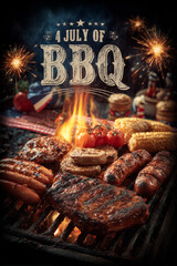 Gorący grill pełen pysznego mięsa i kukurydzy, idealny na świętowanie 4 lipca z fajerwerkami w tle i tekstem "4 JULY OF BBQ".
