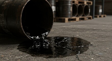 Close-up of leaking oil barrel in storage area, industrial accident or contamination risk