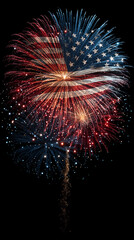 Wspaniałe fajerwerki w kształcie flagi amerykańskiej rozświetlają nocne niebo, symbolizując patriotyzm i Dzień Niepodległości.