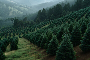 Vast evergreen forest plantation on misty rolling hills evergreen trees conifer plantation