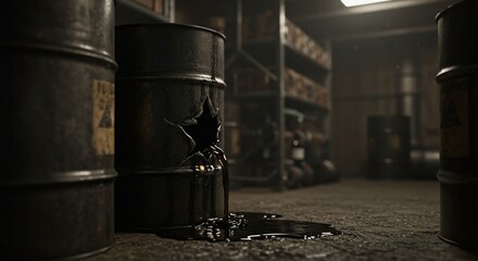 Close-up of leaking oil barrel in storage area, industrial accident or contamination risk