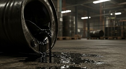 Close-up of leaking oil barrel in storage area, industrial accident or contamination risk