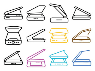 Scanner Icon Set – Modern Flat Line Art Symbols of Document Scanners for Office, Print, Copy, Fax, and Mobile App UI Design in Various Styles and Colors