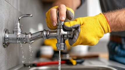 Leaky Faucet Repair with Gloves for Plumbing Service