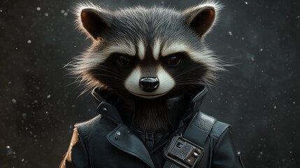 Raccoon in black trench coat, futuristic bodyguard, serious look, generative ai