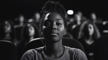 Woman at Movie Theater, Monochrome Portrait, Entertainment Use