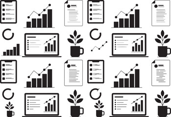 collection of business and finance analysis  icons with charts and growth isolated on transparent background