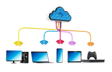 Cloud computing diagram with various connected device  isolated on transparent background. 3D illustration