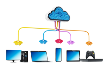 Cloud computing diagram with various connected device isolated on transparent background. 3D illustration