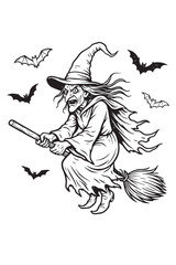 Halloween Witch Outline Drawing Black and White