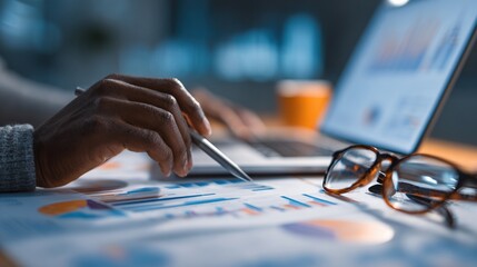  Close-up of African American hands working on financial analysis, graphs, and charts with a laptop computer and glasses in the background. 