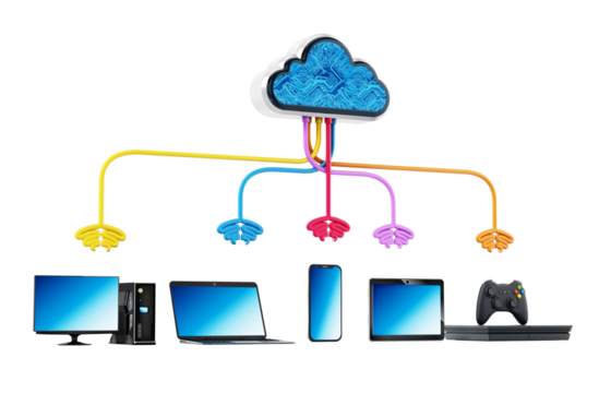 Cloud computing diagram with various connected device  isolated on transparent background. 3D illustration