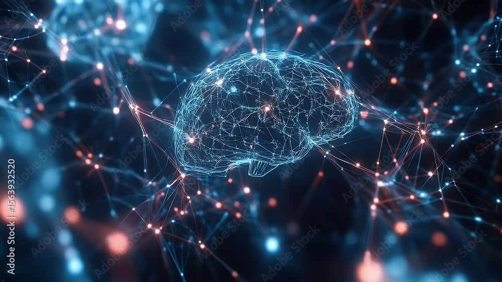 Poster a digital representation of a brain with interconnected glowing nodes and lines evoking neural netwo