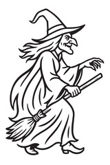 Halloween Witch Outline Drawing Black and White