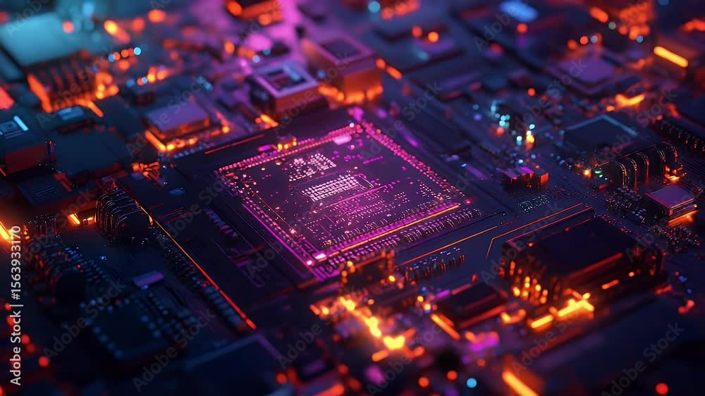 Poster abstract close-up of a motherboard with glowing details. bright neon lights and circuitry create a f