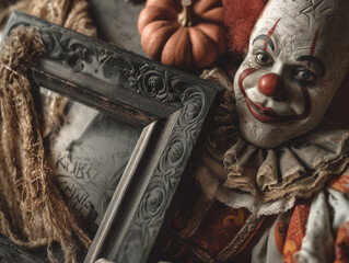 Bliska perspektywa strasznego klauna z pomarańczową dynią i ozdobną ramą, tworząca mroczną, halloweenową atmosferę.
