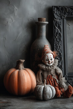 Złowieszczy, stary klaun siedzący obok dyni i butelki, na tle mrocznej ramy. Kompozycja w stylu vintage, idealna na Halloween i tematykę horroru.