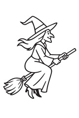 Halloween Witch Outline Drawing Black and White