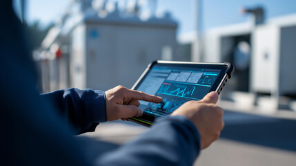 A person uses a tablet with data visualizations outdoors, symbolizing remote monitoring, industrial control, and smart technology in infrastructure.
