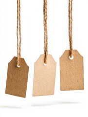 Three blank brown paper tags hang from natural twine strings against a white background, ready for labeling or decoration.