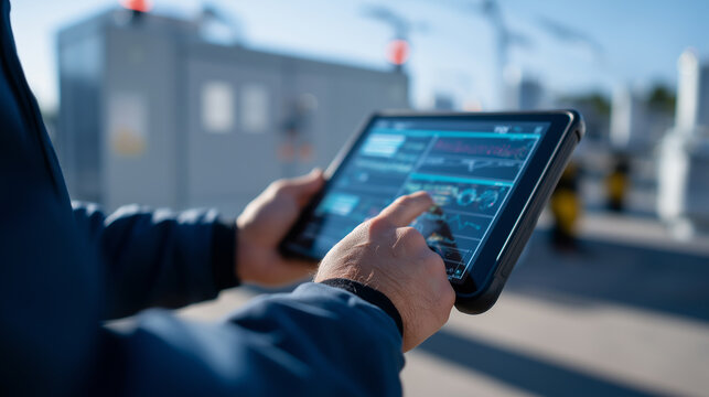 A person uses a tablet with data visualizations outdoors, symbolizing remote monitoring, industrial control, and smart technology in infrastructure.
