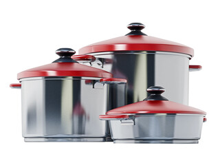 Cooking pots in various size isolated on transparent background. 3D illustration