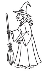 Halloween Witch Outline Drawing Black and White