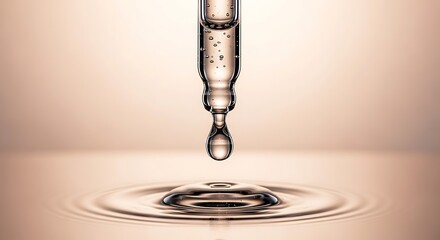Cosmetic pipette with a drop of hydrating serum falling into a liquid surface with ripples. Skincare essence concept with hyaluronic acid on a soft beige background for beauty product display.