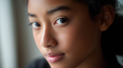 Fototapeta premium A close-up portrait of a young person with clear skin and a neutral expression, focusing on their serene facial features. 