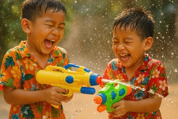 Two ecstatic boys armed with water guns joyfully participate in a Songkran water fight, showcasing the pure fun of the festival. Concept of: Playful tradition.