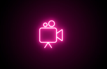 Neon glowing pink color movie camera line icon on black background. Neon cinematic camera icon. Movie camera with tripod. Bright video digital film camera.