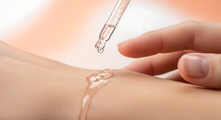 Woman applying hydrating cosmetic serum from a glass dropper onto her hand. Macro of a liquid drop for a skincare routine, anti-aging treatment, and moisturizing beauty concept.