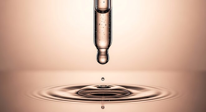 Cosmetic pipette with a drop of liquid serum or hyaluronic acid falling, creating ripples on the surface. Luxury skincare product macro shot on a soft beige background for beauty and science concepts.