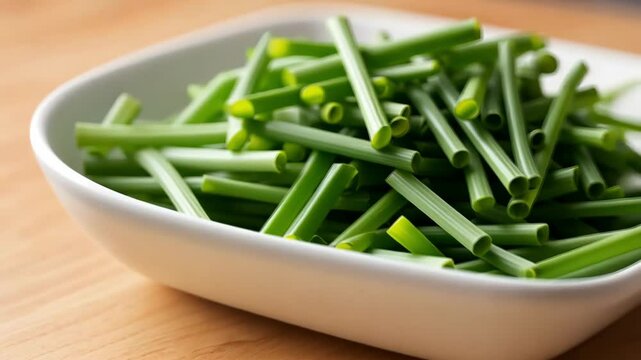 Close-up of fresh chopped green chives in white bowl, ingredient, food.