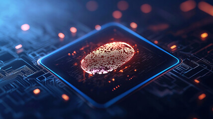 Glowing fingerprint on biometric scanner symbolizes advanced technology and security. digital circuit background enhances futuristic theme, highlighting innovation and data protection