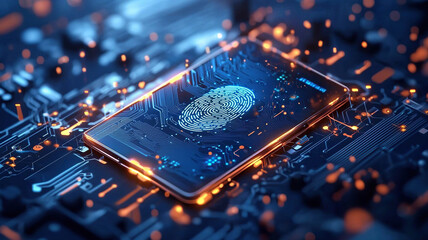 Smartphone with glowing fingerprint scanner on circuit board, symbolizing advanced biometric technology and digital security. image conveys innovation and futuristic design