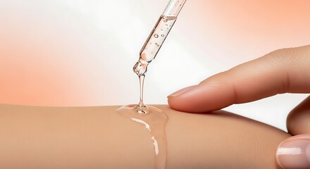 Woman applying hydrating cosmetic serum with a glass dropper on her skin. A drop of liquid hyaluronic acid gel or collagen essence being tested on an arm for a beauty care treatment.
