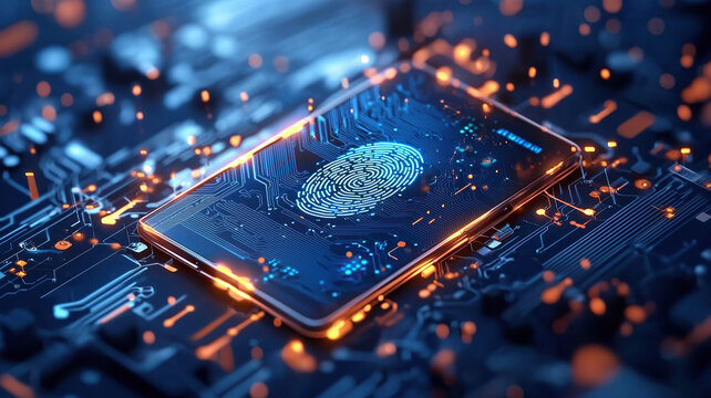 Smartphone with glowing fingerprint scanner on circuit board, symbolizing advanced biometric technology and digital security. image conveys innovation and futuristic design