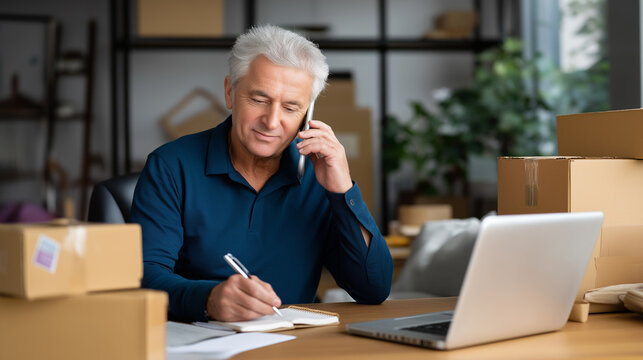 A focused senior man, surrounded by cardboard boxes, talks on a phone and takes notes while working on a laptop, depicting an e-commerce business or remote work.
- Powered by Adobe