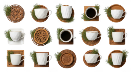 Elegant Ceramic Coffee Cups Resting on Rustic Wooden Coasters Surrounded by Fresh Greenery for Cozy and Inviting Table Settings, isolated on a transparent background