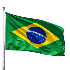 Brazilian Flag Waving Gracefully in the Wind, Isolated on Transparent Background, Ideal for National and Cultural Designs.