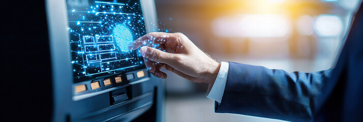 Person in suit interacts with futuristic ATM, using fingerprint scanning technology. screen displays digital elements, highlighting advanced security features in modern setting