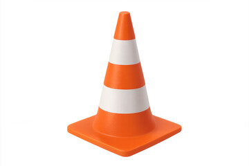 Traffic safety cone with bright orange and white stripes, positioned vertically against transparent backdrop, highlighting roadwork equipment