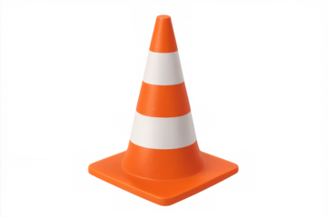 Traffic safety cone with bright orange and white stripes, positioned vertically against transparent backdrop, highlighting roadwork equipment