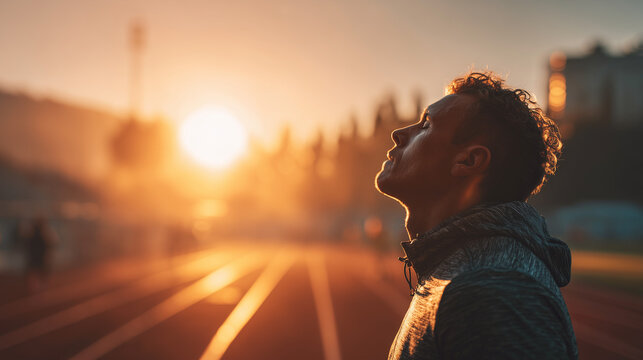 A male runner standing on a track at sunrise, eyes closed, enjoying calm moment, fitness and motivation, outdoor exercise, peaceful atmosphere, healthy lifestyle, early morning sport.