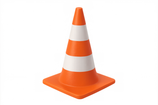Traffic safety cone with bright orange and white stripes, positioned vertically against transparent backdrop, highlighting roadwork equipment